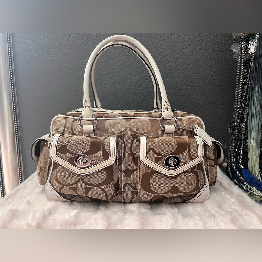Vintage COACH Signature Gallery Pocket Satchel with White Leather Accents